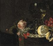 A 'Roemer' with white wine, a partially peeled lemon, cherries and other fruit on a silver plate with a rose and grapes on a stone ledge, simon luttichuys